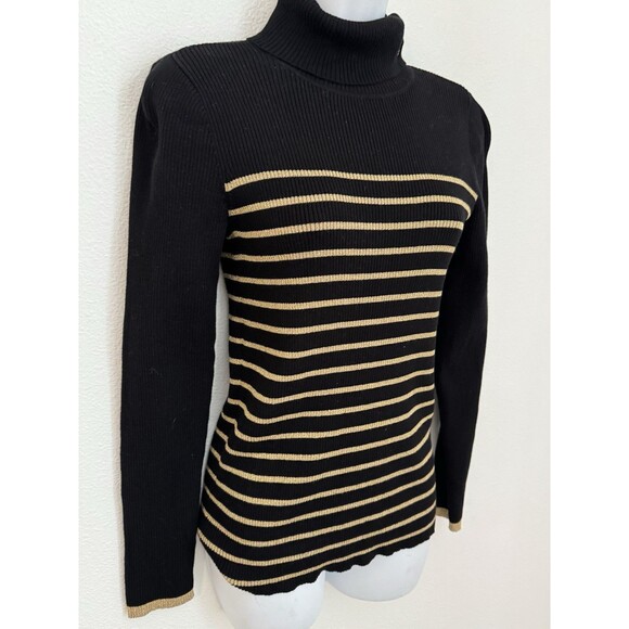 Lauren Ralph Lauren  Sweater Black Gold Striped Turtle Neck Womens Size L EUC - Picture 1 of 4